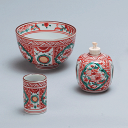 【茶道具 / 茶箱】 高野昭阿弥作 / 赤絵 三点セット (茶碗・振出・茶きん筒)