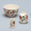 【茶道具 / 茶箱】 香泉作 / 仁清 扇面 三点セット (茶碗・振出・茶きん筒)