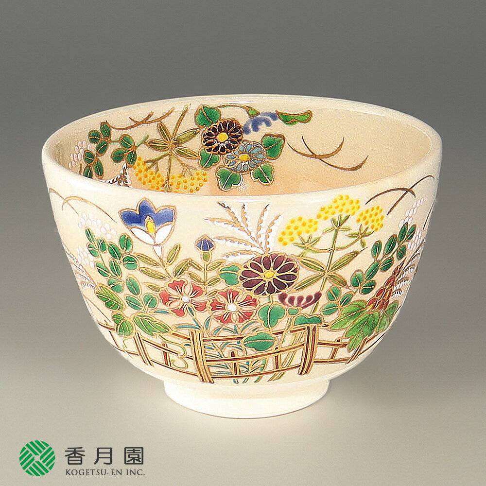 【茶道具 / 茶碗】 色絵　秋草　加藤悠楽 作 (桐箱)