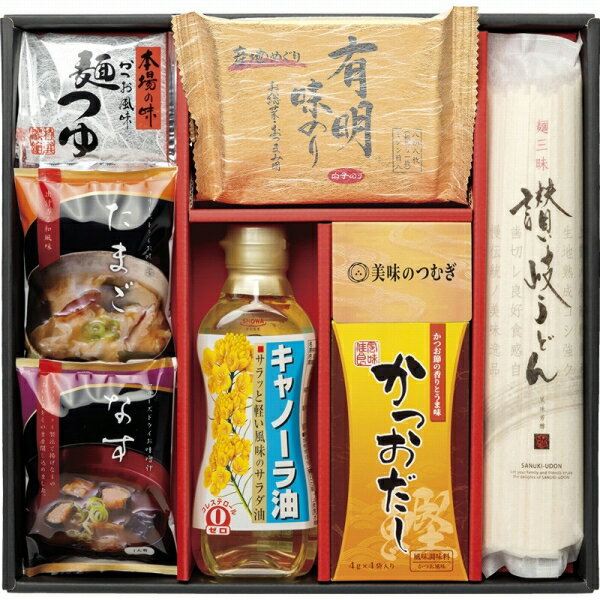 ●商品内容 昭和キャノーラ油(300g)・讃岐うどん(180g)・麺つゆ濃縮(30ml)・かつおだし(4g×4)・フリーズドライ(なすの味噌汁・たまごスープ)・白子有明産おかず(8切8枚)×各1 ●パッケージサイズ 31×30×5.5cm ●賞味期限：常温1年 ギフト対応※商品は十分にご用意しておりますが、万一品切れの場合や、 やむを得ない事情により中止や変更になる場合がございますので、ご容赦ください。【ご用途】 各種御祝、各種内祝いギフト 贈り物 内祝い 内祝 出産内祝い 結婚内祝い 御祝 快気祝 快気内祝 御礼 御中元 暑中御見舞 残暑御見舞 御歳暮 御年賀 寒中御見舞 プレゼント 母の日 父の日 敬老の日 クリスマス 合格祝い 進学内祝い 成人式 御成人御祝 卒業記念品 卒業祝い 御卒業御祝 入学祝い 入学内祝い 就職祝い 入園内祝い 御入園御祝 お祝い 御祝い 金婚式御祝 銀婚式御祝 御結婚お祝い ご結婚御祝い 御結婚御祝 結婚祝い 結婚式 引き出物 引出物 引き菓子 御出産御祝 ご出産御祝い 出産御祝 出産祝い 御新築祝 新築御祝 新築内祝い 祝御新築 祝御誕生日 誕生日祝 七五三御祝 初節句御祝 節句 昇進祝い 昇格祝い 就任 御供 お供え物 粗供養 御仏前 御佛前 御霊前 香典返し 志 進物 粗供養 偲草 偲び草 茶の子 法要 仏事 法事 法事引き出物 法事引出物 年回忌法要 一周忌 三回忌 七回忌 十三回忌 十七回忌 二十三回忌 二十七回忌 御開店祝 開店御祝い 開店お祝い 開店祝い 御開業祝 周年記念 来客 お茶請け 御茶請け 異動 転勤 定年 退職 退職挨拶回り 転職 お餞別 贈答品 粗品 粗菓 おもたせ 菓子折り 手土産 心ばかり 寸志 新歓 歓迎会 送迎会 新年会 忘年会 二次会 記念品 景品 開院祝い お礼 謝礼 御返し お返し お祝い返し 御見舞御礼 快気祝い 快気内祝い お土産 贈答品 プチギフト 御見舞 退院祝い 全快祝い 御挨拶 ごあいさつ 引越し ご挨拶 引っ越し お宮参り 御祝 お年賀 御年始 初盆 お盆 お中元 お彼岸 残暑見舞い 寒中お見舞 お歳暮 還暦祝 その他ギフト全般