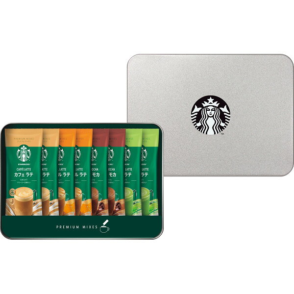 ●商品内容 スターバックスプレミアムミックス(カフェラテ18g×2、キャラメルラテ23g×2、抹茶ラテ24g×2、カフェモカ22g×2)(スティック) ●パッケージサイズ：22.6×16.3×3.2 cm 400g ●賞味期限：製造日より360日 スターバックスのお店と同じ、厳選されたアラビカ種100%の豆を使ったコーヒーとふわふわの泡が楽しめるクリーミーなラテ。お湯を注ぐと、心あたたまるひとときの始まりです。ラテのフレーバー4種を、おしゃれなロゴ入りのオリジナル缶に詰め合わせたセット。友人やお世話になった方に、ちょっとおしゃれな贈りをしたいときにぴったりです。ギフト対応※商品は十分にご用意しておりますが、万一品切れの場合や、 やむを得ない事情により中止や変更になる場合がございますので、ご容赦ください。【ご用途】 各種御祝、各種内祝いギフト 贈り物 内祝い 内祝 出産内祝い 結婚内祝い 御祝 快気祝 快気内祝 御礼 御中元 暑中御見舞 残暑御見舞 御歳暮 御年賀 寒中御見舞 プレゼント 母の日 父の日 敬老の日 クリスマス 合格祝い 進学内祝い 成人式 御成人御祝 卒業記念品 卒業祝い 御卒業御祝 入学祝い 入学内祝い 就職祝い 入園内祝い 御入園御祝 お祝い 御祝い 金婚式御祝 銀婚式御祝 御結婚お祝い ご結婚御祝い 御結婚御祝 結婚祝い 結婚式 引き出物 引出物 引き菓子 御出産御祝 ご出産御祝い 出産御祝 出産祝い 御新築祝 新築御祝 新築内祝い 祝御新築 祝御誕生日 誕生日祝 七五三御祝 初節句御祝 節句 昇進祝い 昇格祝い 就任 御供 お供え物 粗供養 御仏前 御佛前 御霊前 香典返し 志 進物 粗供養 偲草 偲び草 茶の子 法要 仏事 法事 法事引き出物 法事引出物 年回忌法要 一周忌 三回忌 七回忌 十三回忌 十七回忌 二十三回忌 二十七回忌 御開店祝 開店御祝い 開店お祝い 開店祝い 御開業祝 周年記念 来客 お茶請け 御茶請け 異動 転勤 定年 退職 退職挨拶回り 転職 お餞別 贈答品 粗品 粗菓 おもたせ 菓子折り 手土産 心ばかり 寸志 新歓 歓迎会 送迎会 新年会 忘年会 二次会 記念品 景品 開院祝い お礼 謝礼 御返し お返し お祝い返し 御見舞御礼 快気祝い 快気内祝い お土産 贈答品 プチギフト 御見舞 退院祝い 全快祝い 御挨拶 ごあいさつ 引越し ご挨拶 引っ越し お宮参り 御祝 お年賀 御年始 初盆 お盆 お中元 お彼岸 残暑見舞い 寒中お見舞 お歳暮 還暦祝 その他ギフト全般