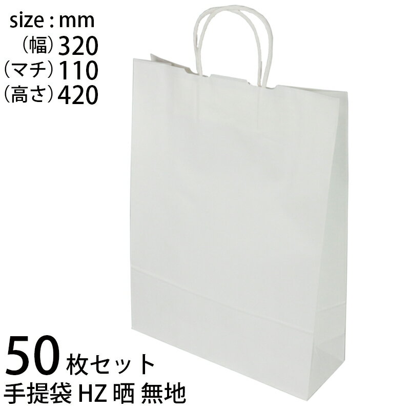 手提げ袋 (50枚セット) 紙 白無地 HZ晒無地 (t0) ギフトバッグ 紙丸紐白 手提袋 XZT00654