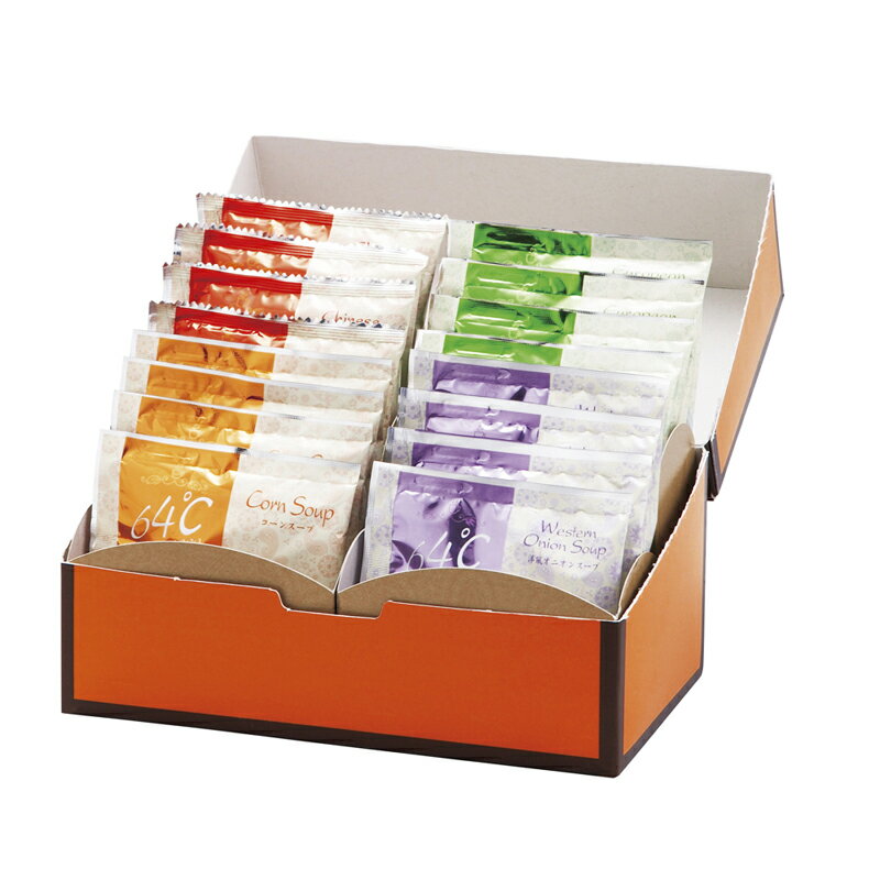 ●商品内容 (コーンスープ・中華わかめスープ・洋風オニオンスープ・欧風野菜スープ)各4 【乳成分・小麦】 ●パッケージサイズ：箱120×210×120mm 322g ●賞味期限：製造日から360日間 64℃スープを温かくおいしく感じられ、体...