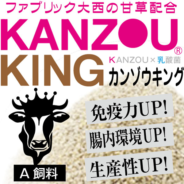 商品説明 ファブリック大西のKANZOUを配合！ 【甘草KANZOU】と【タバタの乳酸菌】がコラボ！ 【こんなお悩みの解決を手助け】 ●肉質改善したい!! ●枝肉重量を上げたい!! ●健康な牛を育てたい!! ●乳質改善したい!! ●大腸菌症改善したい!! ●下痢対策したい!! ●食い込み改善したい!! KANZOUKINGの栄養素と乳酸菌が腸管直行！ 腸を整え栄養素を効率的に消化吸収！ 本来持っている免疫力を刺激して高めます！ お客様からも嬉しいお声を頂いております！ 生きたまま腸まで届きやすい殺菌乳酸菌【EC-12】 生菌の多くは胃酸に弱く、腸まで届きにくい・・・。 そこで【殺菌乳酸菌】のトップブランド【EC-12】を配合。 胃酸による減少がないため、腸まで届きやすい乳酸菌です。 【EC-12】はとっても可能性大な乳酸菌なんです！ 【特徴】 ●腸内環境を正常化 ●消化効率を上げ、飼料効果と増体重を改善 ●腸を健康に保ち免疫力の維持 ●大腸での活躍(ビフィズス菌) 推奨給餌量例 【 産褥期 】 　・体重600 kg ＝ 20～30 g/日(目安) 　・体重300 kg ＝ 10～20 g/日(目安) 【 哺乳期～育成期 】 　・体重150 kg ＝ 10 g/日(目安) 商品規格 ●商品名：KANZOUKING【甘草＋タバタの乳酸菌】10kg ●内容量：10 kg ●形　状：粉末 ●外　袋：アルミ袋 ●内　袋：ポリ袋 ●推奨対象牛：仔牛・繁殖牛・排卵牛及び全般 使用上のご注意 直射日光・高温多湿を避けて保存ください ※開封後はなるべく早くご使用ください 発送・納期に関するご案内 ご注文確定後、メーカー手配となりますので、発送までに少々お時間を頂戴します。 メーカー在庫品となる為、入れ違いで在庫切れの場合がございます。予めご了承下さいませ。 送料に関するご案内 ▼以下の場合「別途送料」が発生いたします。 　● 北海道・沖縄・離島地域へ発送の場合 　● 一部地域で配送に中継箇所が入る場合 　● ご注文数量により複数個口となる場合 ご注文確定後、再度メールにて正式な送料のご案内をさせて頂きます。予めご了承の程お願い致します。