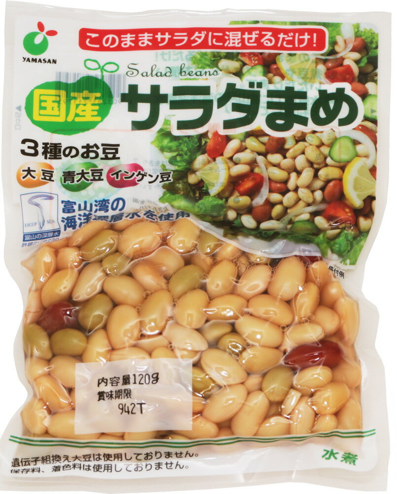 【メール便送料無料】　国産　サラダまめ（大豆・青大豆・インゲン豆）　120g×4袋　　　【国内産　ヤマサン食品工業　大豆水煮　ミックス豆】