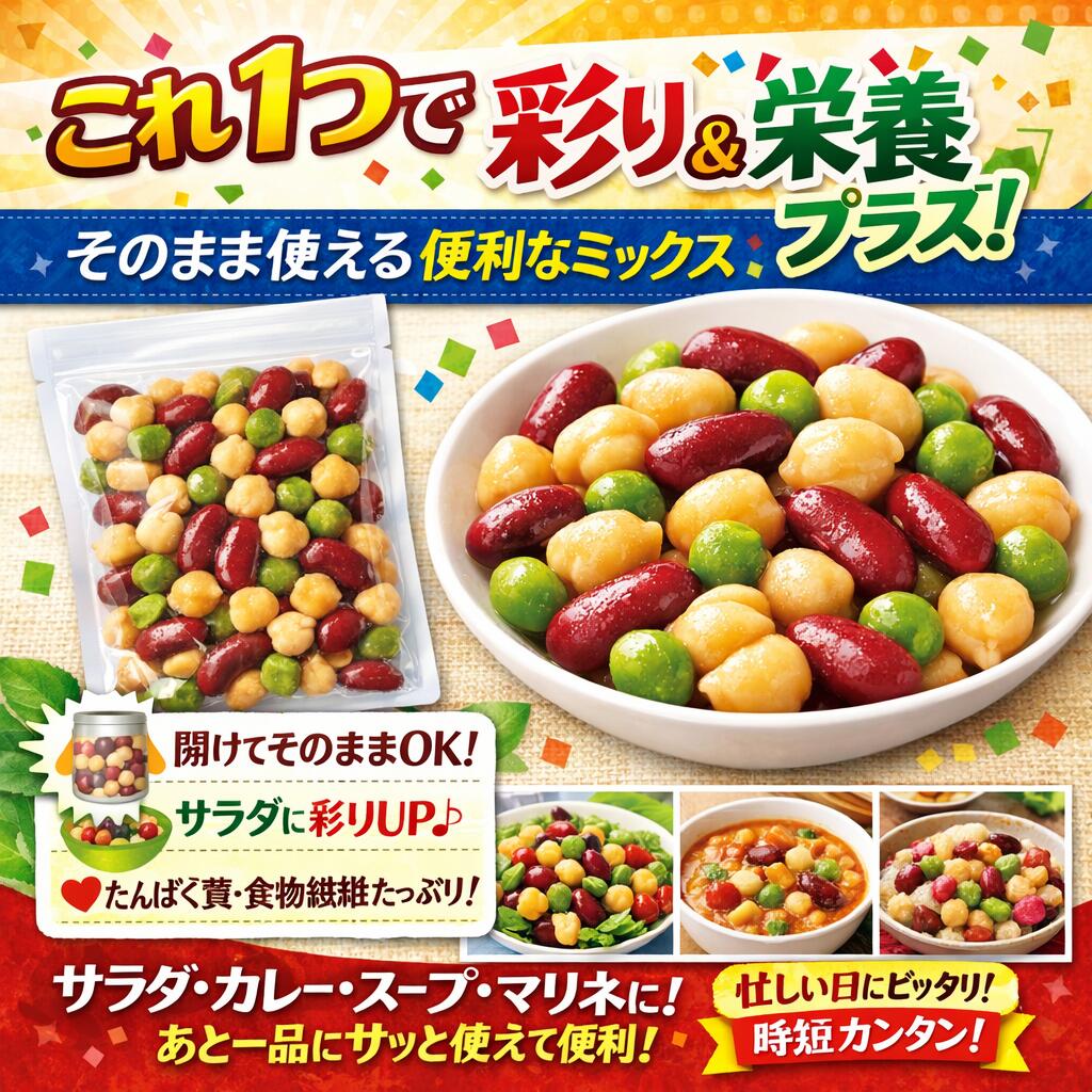 食べもんぢから。の蒸しミックスビーンズ 1kg×3袋 ひよこ豆レッドキドニー青豌豆使用 無糖 無添加 時短 ゆでまめ 簡単便利 業務用 国内加工 徳用 煮豆 豆類｜アングル3