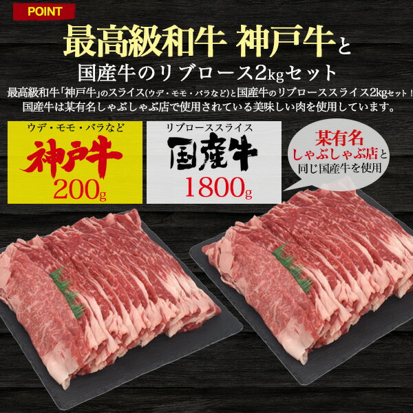 最高級和牛 神戸牛モモスライス & 国産牛リブローススライス(特上ロース)セット 合計2kg(10人〜用) 和牛 牛肉 スライス肉 お祝い 霜降り 1枚ずつ包装 黒毛和牛 北海道産 kobebeef スキヤキ シャブシャブ ブランド牛 送料無料 2022 御中元 お中元 ギフト 直送 熨斗対応