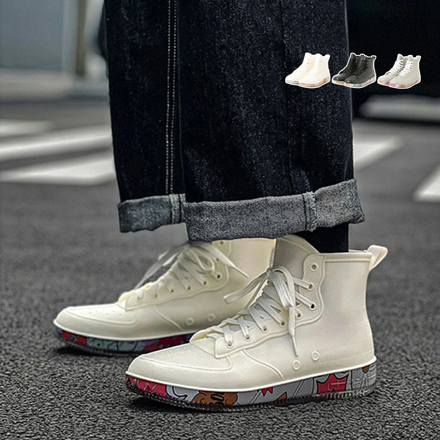 レインブーツ メンズ ショート おしゃれ ショートレインブーツ ラバーブーツ 雨靴 男性 長靴 履きやすい 歩きやすい ヒール3.5cm レースアップ ソールデザイン 【レディースもOK!!レースアップレインブーツ】