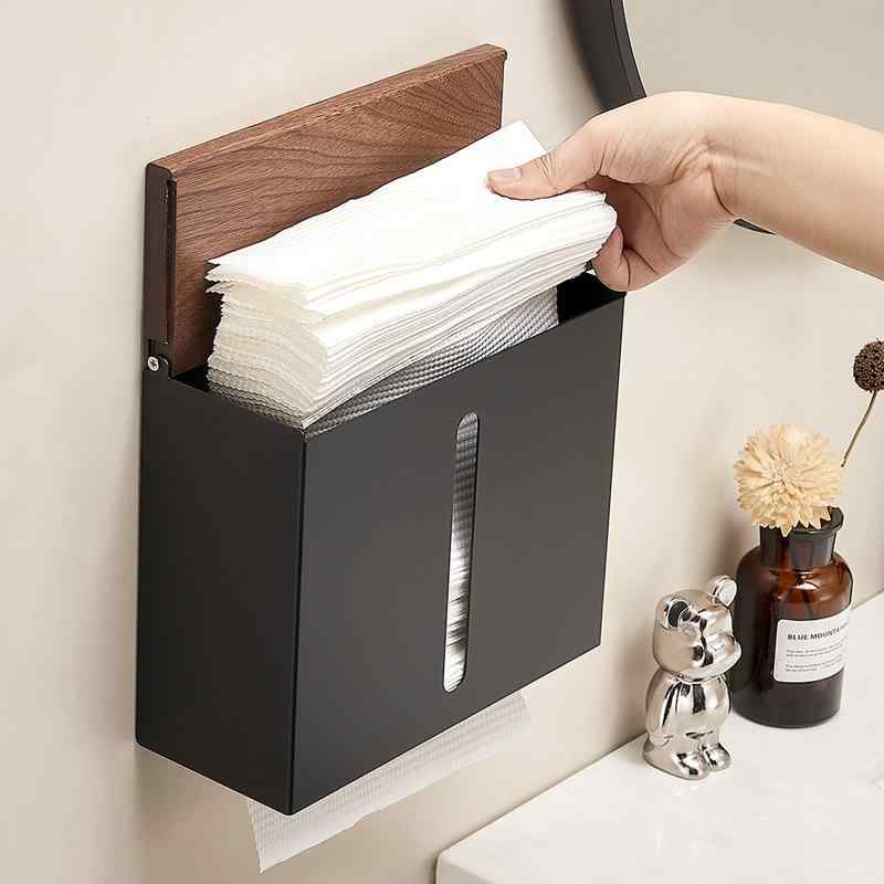 Rakuten - 【送料無料】ティッシュケース ウォールナット 無垢材 壁掛け式 ペーパータオルホルダー トイレットペーパーホルダー ホテル 洗面所 トイレ リビング バスルーム 高級感 スペースアルミニウム 防水 多機能