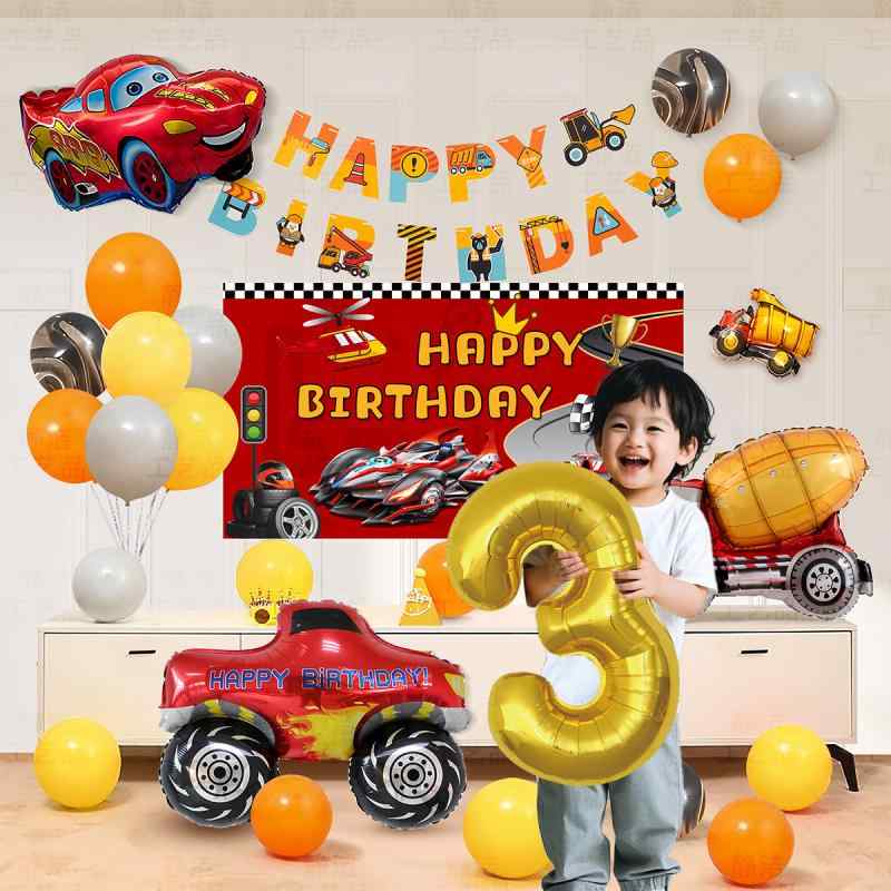 Rakuten - 【送料無料】誕生日 バルーン 男の子 3歳 車 テーマ パーティー デコレーション 壁面飾り付け 子供 雰囲気 演出 飾り付けセット