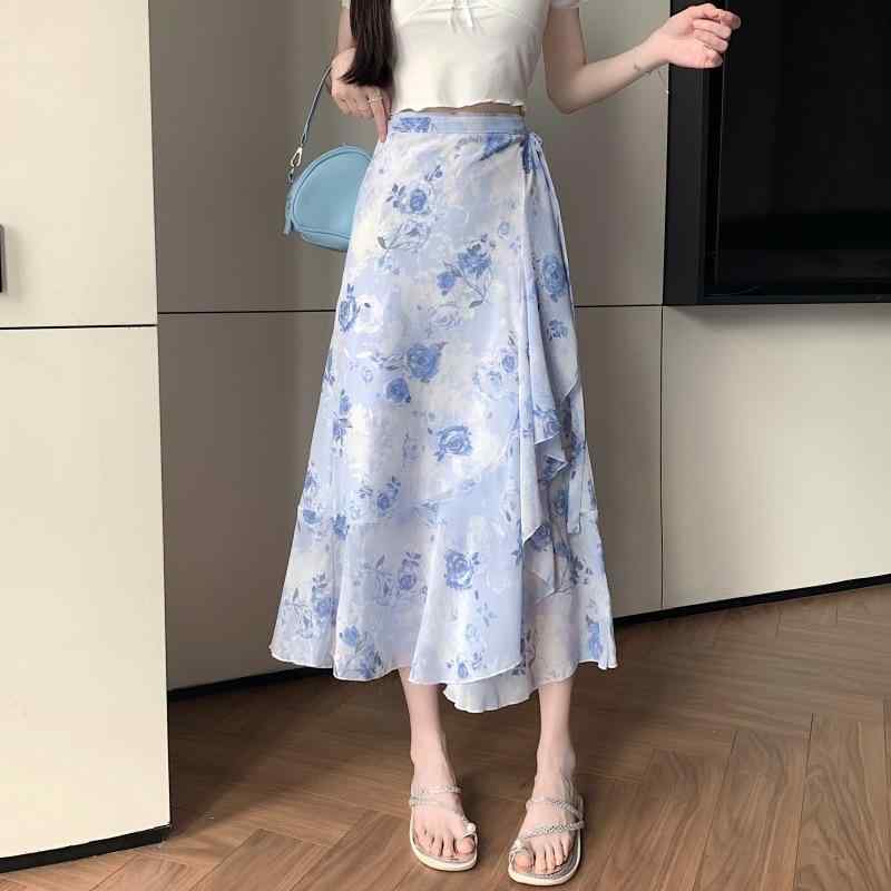 【送料無料】スカート レディース 花柄 シフォン フリル 巻きスカート ミディ丈 日焼け防止 UVカット Aライン フレア 上品 エレガント ストレッチ 春夏
