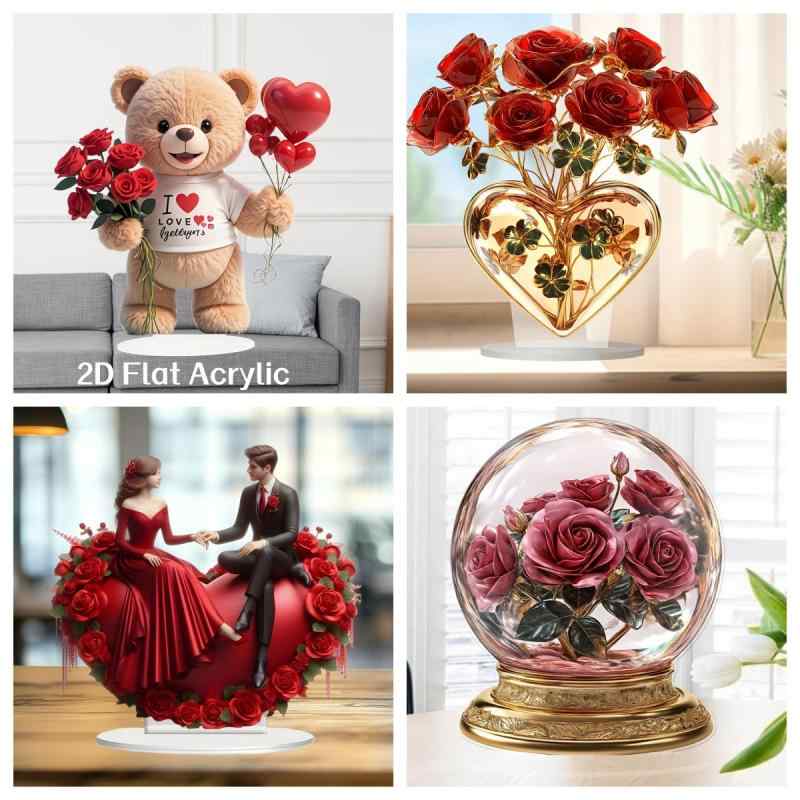 Rakuten - 置き物 アクリル バレンタインデー 記念日 結婚式 愛の象徴 赤いバラ かわいい 彫刻デザイン リビング 卓上 デスクトップ インテリア オブジェ 誕生日 お祝い プレゼント ギフト カップル 夫婦 友人 家族 2D平面