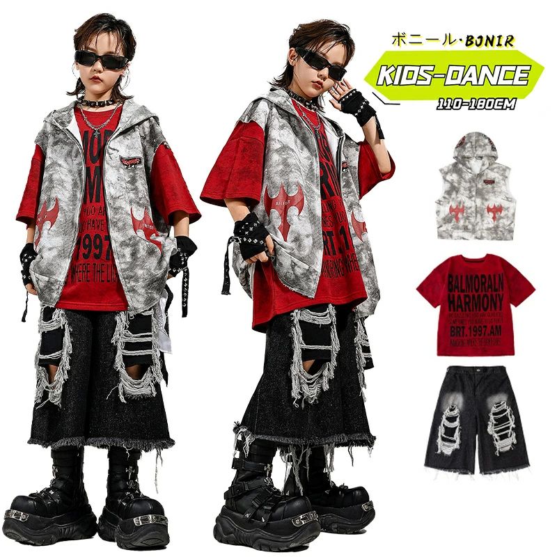 ダメージ デニムパンツ ダンス衣装 キッズ ストリート ユニセックス 無袖 フード付き トップス タイダイ染 レッド Tシャツ ジーンズ セットアップ Y2K ジャスダンス チーム衣装 練習着 子供服 発表会 ステージ衣装 ヒップホップ 演出服 舞台衣装