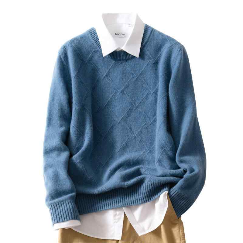 乐天商城 - ニット セーター メンズ 男性用 クルーネック 丸首 カシミヤ ウール混 厚手 肉厚 ひし形 ダイヤ柄 ゆったり ルーズ ビッグシルエット カジュアル 普段着
