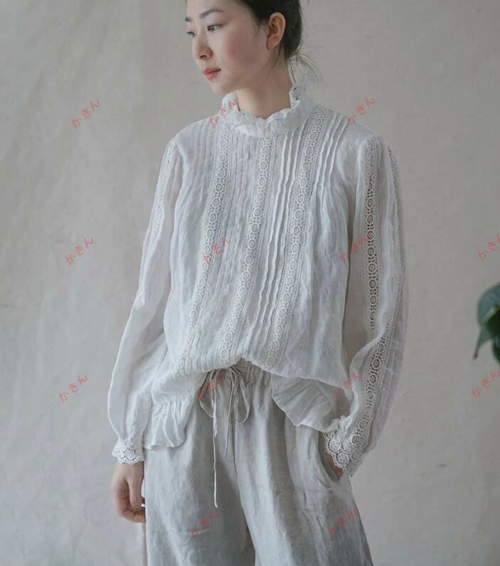 【送料無料】高級感満載！フリルネックが気分◇レースピンタック リネンブラウス◇シャツ ハンドメイド系 2次会 パーティー