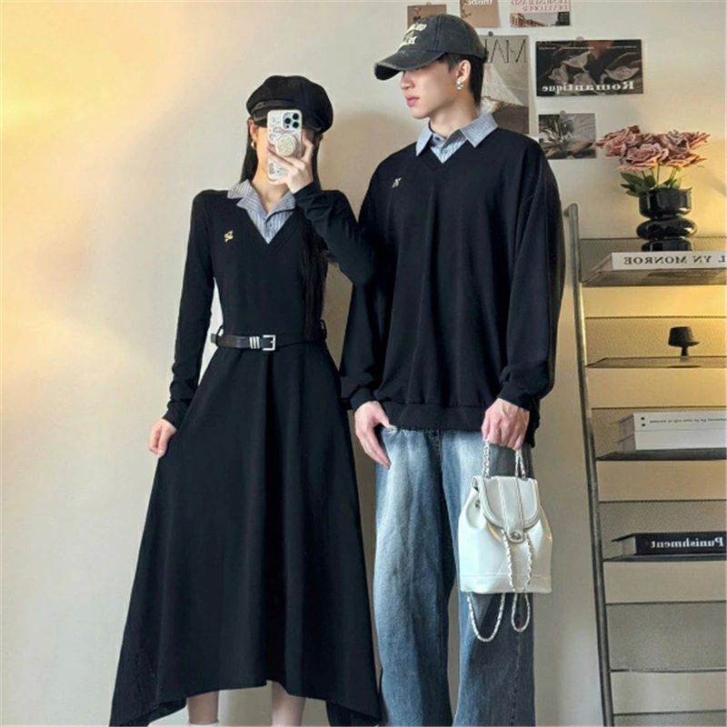 【送料無料】ペアルック トレーナー ワンピース パーカー 秋 長袖トップス 重ね着レイヤード 男女2着セット ブランド カップル お揃い 服 冬 レディース おしゃれ ペアルックトレーナー 大きいサイズ リンクコーデ プレゼント コーデ メンズ