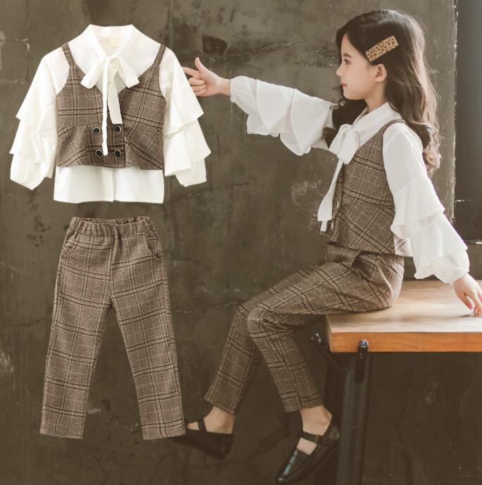 Rakuten - 【送料無料】セットアップ 女の子 フォーマルスーツ 女の子 パンツセット 子供スーツ チェック柄 子供 フォーマル 3点セット キッズスーツ ブラウス 子供服 パンツスーツ キッズフォーマル 入学式 七五三 ジュニア 結婚式 入園式 卒業式