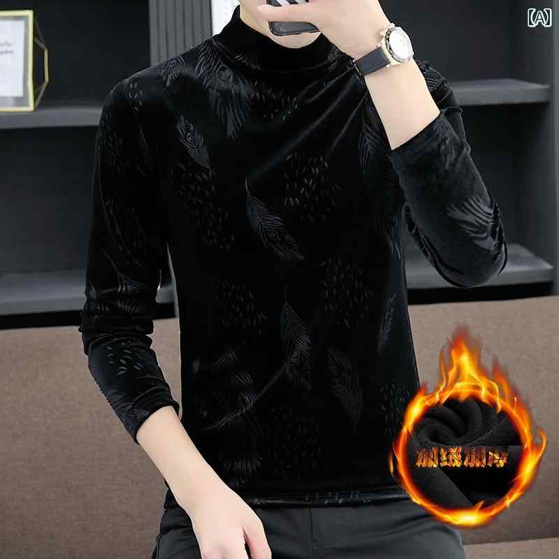 乐天商城 - 【送料無料】ベロア トップス メンズ 暖かい 長袖 Tシャツ 冬 韓国 ファッション 厚手 タートルネック ハイネック ブラック ブラウン ブルー