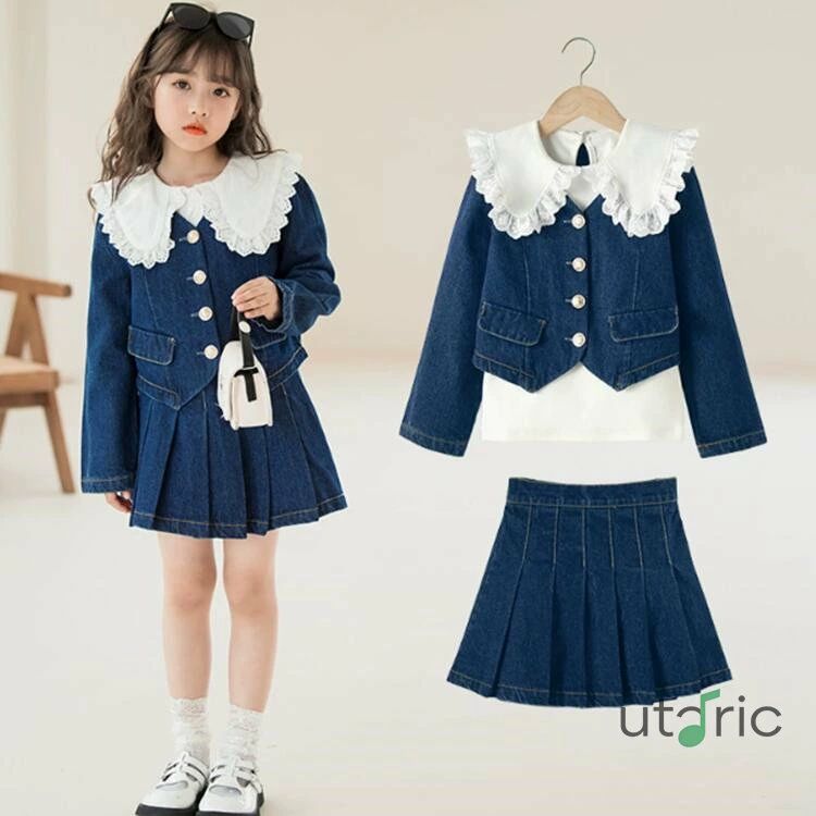 【送料無料】卒園式 入学式 卒業式 子供服3点セット 春秋 デニムジャケット+Tシャツ+デニムスカート上下 セットアップ 長袖 デニムアウター ダンス衣装 セットアップ ゆったりデニムスカート 女の子 キッズTシャツこども 可愛いカーディガ 120 130 140 150 160 170