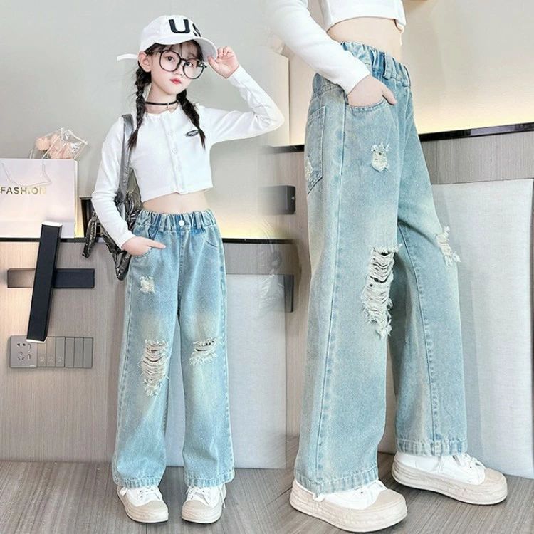 Rakuten - 【送料無料】女の子 デニムパンツ 子供服 長ズボン ダメージ加工 ジーンズ キッズ おしゃれ ダメージ ストレートパンツ 子ども服 ブルー 110cm 120cm 130cm 140cm 150