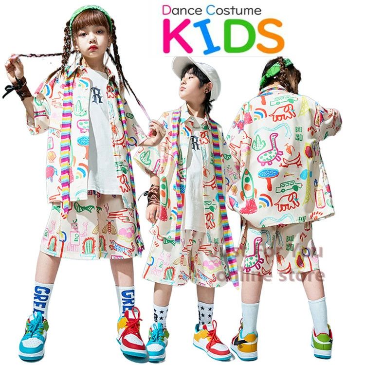 【送料無料】柄シャツ キャラクター 総柄 派手 白パンツ 衣装 セットアップ カジュアルシャツ ハーフパンツ おしゃれ ジュニア 男女兼用 子供服 ヒップホップ リハーサル tシャツ HIPHOP ストリート 練習着 発表会 イベント ジャズ ダンス通販