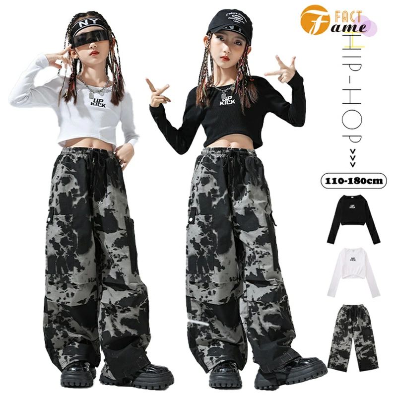 Rakuten - 【送料無料】キッズ ダンス衣装 ヒップホップ HIPHOP ストリート系 舞台衣装 へそ出し トップス 女の子 白 黒 長袖 トップス 迷彩パンツ 黒系 キッズ ダンス衣装 ヒップホップ 韓国 Y2K K-POP ダンス衣装 ガールズ ジャズ 可愛い 原宿系 ストリート ダンス発表会 着
