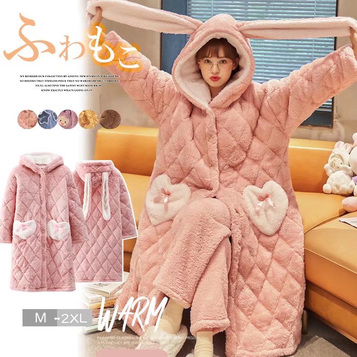 【送料無料】ぽかぽかの暖かさ！レディース うさ耳付き 起毛 暖かい ルームウェア ガウン パジャマ 着..