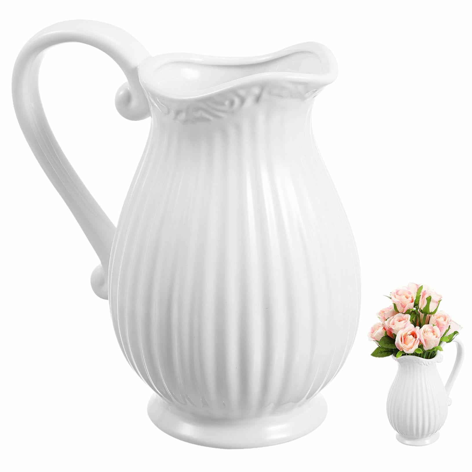 Rakuten - 【送料無料】セラミック花瓶 北欧風 陶器 フラワーベース ハンドル付き ピッチャー形 生け花 造花 鉢植え 一輪挿し 水栽培 工芸品 寄せ植え インテリア 家装飾 デスクトップ 置物