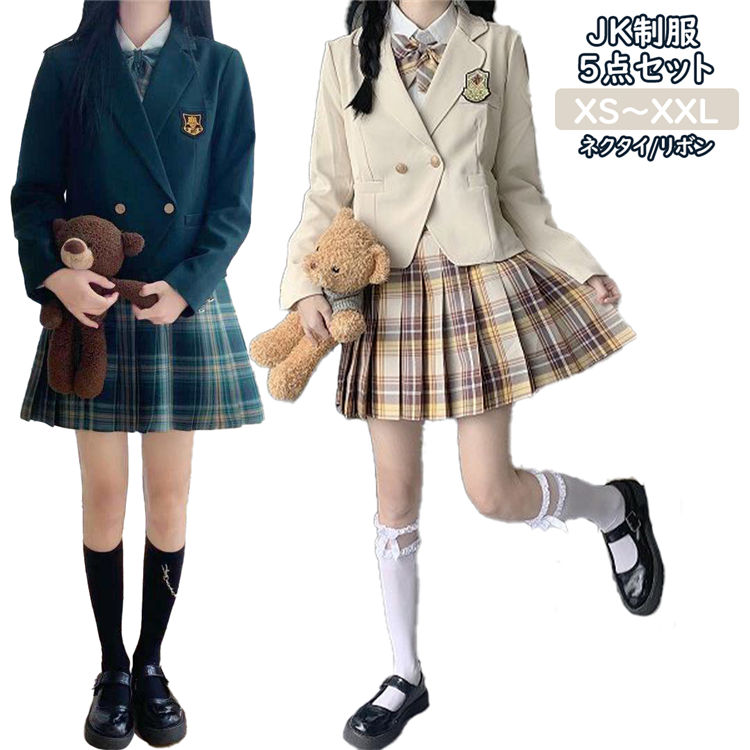 【送料無料】 フォーマル スーツ 卒業式 ブレザー 制服 5点セット ジャケット チェック柄 プリーツスカート バッジ付き 蝶結び付き ジュニアスーツ フォーマルスーツ 制服 入学式 お受験 キッズ 七五三 結婚式 発表会 グリーン ベージュ XS S M L XL XXL