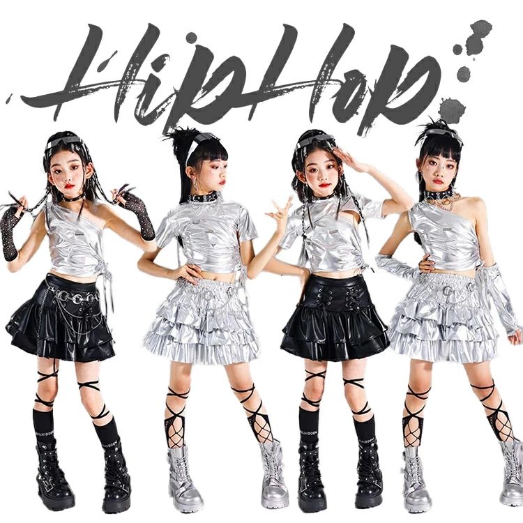 【送料無料】ブラック シルバー ダンス衣装 キッズ レザースカート 女の子 ダンスウェア へそ出し レザー スカート ガールズ 発表会 応援団 イベント ジュニア カッコイイ 普段着 jazz K-POP オシャレ DANCE 110~170