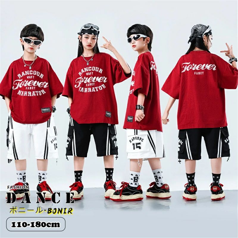 【送料無料】キッズ ダンス衣装 ストリート系 セットアップ 赤 半袖 ロゴTシャツ×ラインパンツ 子供服 おしゃれ ヒップホップ 韓国風 大きめサイズ ジュニア 発表会 男女兼用 舞台衣装 練習着 普段着 おしゃれ HIPHOP ステージ衣装 女の子 男の子 団体チーム衣装 110-180cm