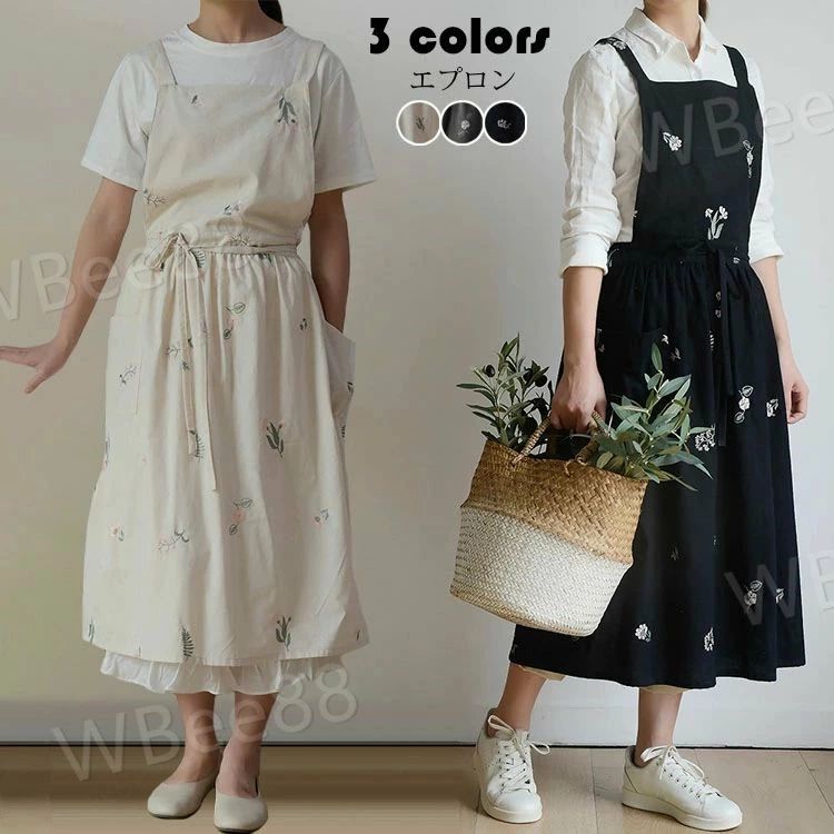 【送料無料】エプロン レディース 北欧風 おしゃれ 綿 刺繍 ワークエプロン ポケット付き 前掛け 洗濯可能 汚れを防ぐ 保育士 園芸 仕事 家事 キッチン用 焙煎 料理 ネイルサロン カフェ 母の日 プレゼント 選べる3色