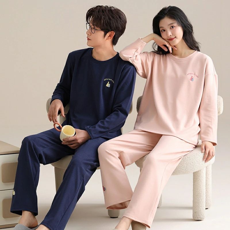 【送料無料】ペア パジャマ 長袖 男女2着 セット 無地 シンプル 柔らかい 厚手 防寒 冬 大きいサイズ カップル 秋冬 長袖トップス ルームウェア クルーネック 秋 ペアパジャマ 結婚祝い プレゼント お祝い おもしろ 部屋着 春秋 夫婦 ギフト 上下セット レディース メンズ