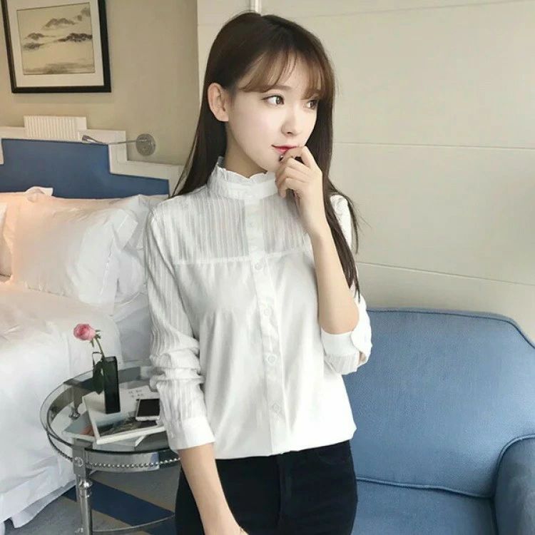 【送料無料】ブラウス 白 長袖 綿 立ち襟 レディース ワイシャツ ハイネック 綿100% スタンドカラー シャツ 素敵 Yシャツ 可愛い フォーマル 森ガール フリル レースネック ベーシック 通勤 オフィス