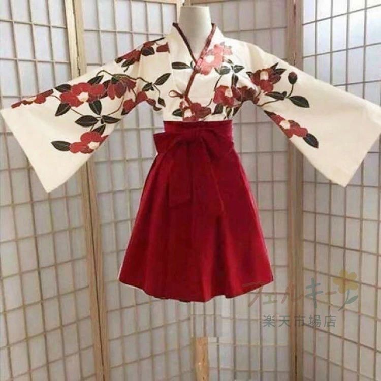 【送料無料】コスプレ 和服 上下セット 大正ロマン 袴風スカート ツバキ模様 ロング ショート 花柄 卒業式 パーティー 衣装 着物 チャイナ服 中華風 仮装 ハロウィン 大きめサイズ XL 2XL 3XL