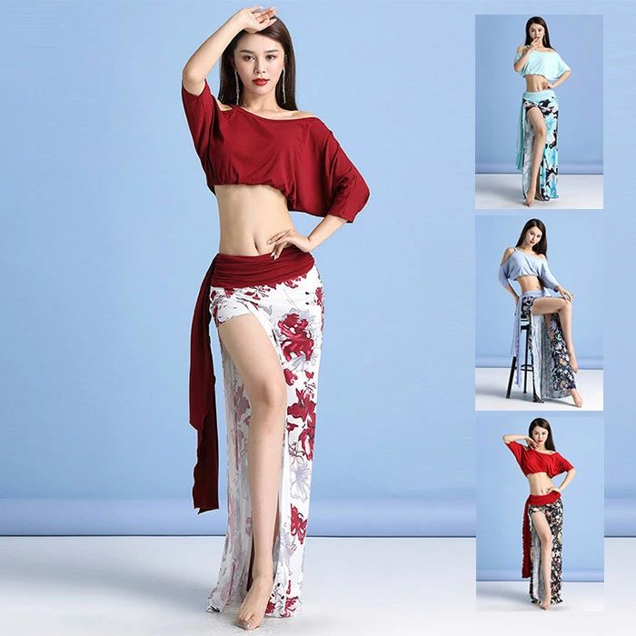 ベリーダンス衣装 セットアップ 2点セット ドルマン トップス 花柄 スカート ヒップスカーフ 秋冬 ダンス 着 練習着 衣装 セット ウェア ダンスウェア レディース 社交ダンス ステージ衣装 上下セット