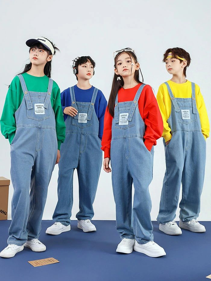 乐天商城 - 送料無料 キッズ 子供用 衣装 ダンス おしゃれ デニム サロペット オーバーオール キッズ ダンス 衣装 ヒップ ホップ 男の子 女の子 ジュニア ダンス衣装 ジャズ ダンス 服 発表会 ガールズ HIPHOP デニム パンツ 110 120 130 140 150 160 170 180 大きいサイズ