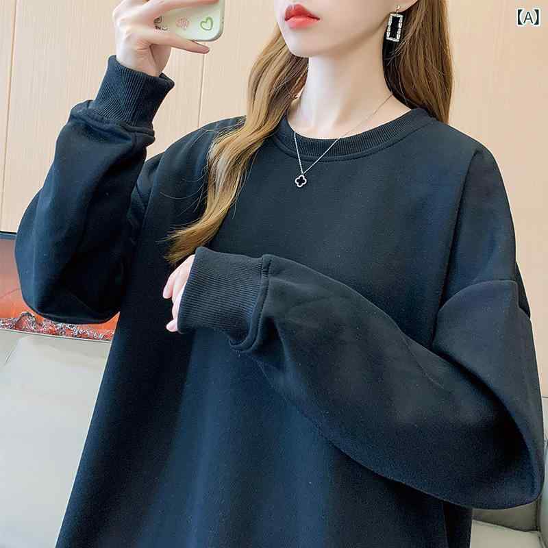 スウェット レディース 無地 クルーネック 長袖 ルーズフィット 大きめサイズ コットン 厚手 フリース ライニング 通勤 秋 黒 白 グレー 中長丈 普段使い 伸縮性