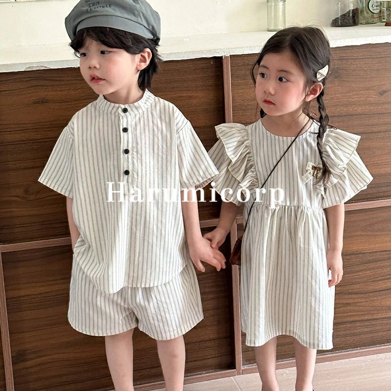Rakuten - セットアップ キッズ ワンピース 女の子 男の子 子供服 兄妹 上下セット ストライプ ジュニア ベビー服 シャツ 半袖 ショートパンツ 春 夏 おしゃれ 可愛い トップス ボ 赤ちゃん 半ズボン 入学 入園 誕生日 プレゼント 幼稚園 小学生 150cm 140 130 120 110 100 90 80