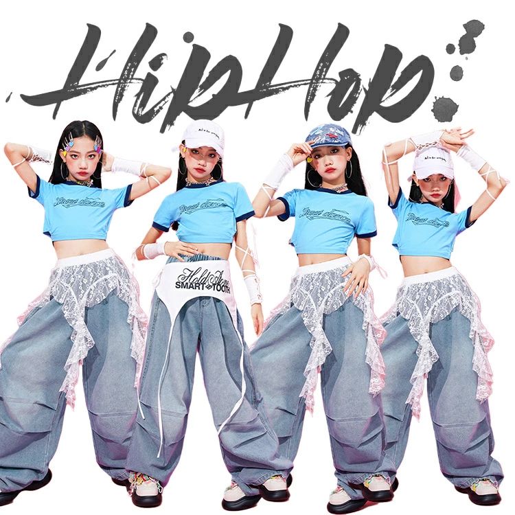 Rakuten - 【送料無料】キッズ デニムパンツ Tシャツ ダンス衣装 ブルー 派手 セットアップ ジャズ 女の子 k-pop 子供服 ヒップホップ 応援団 演出 団体服 可愛い カッコイイ おしゃれ ダンスウェア hiphop 発表会 110-170