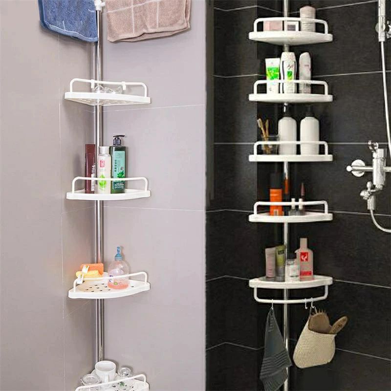 【送料無料】コーナーラック バスラック 突っ張り つっぱり 4段 5段 浴室 収納 シェルフ 棚板 工具不要 つっぱり棒 タオルバー 水切り穴 フック付き 水回り 整理整頓 スリム 省スペース