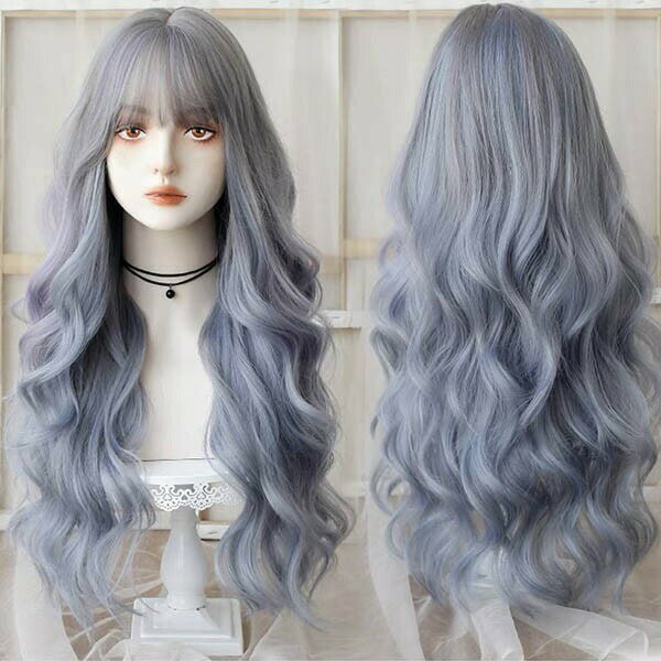フルウィッグ かつら 巻き毛 長髪 ふんわり前髪 ぱっつん前髪 ロリータ lolita グラデーション ブルー グレー ロング丈 ロングウィッグ ロングヘア 前髪あり 自然 可愛い キュート 原宿風 ウイッグ wig コスプレ 耐熱ウィッグ 小顔効果抜群 コスチューム 文化祭