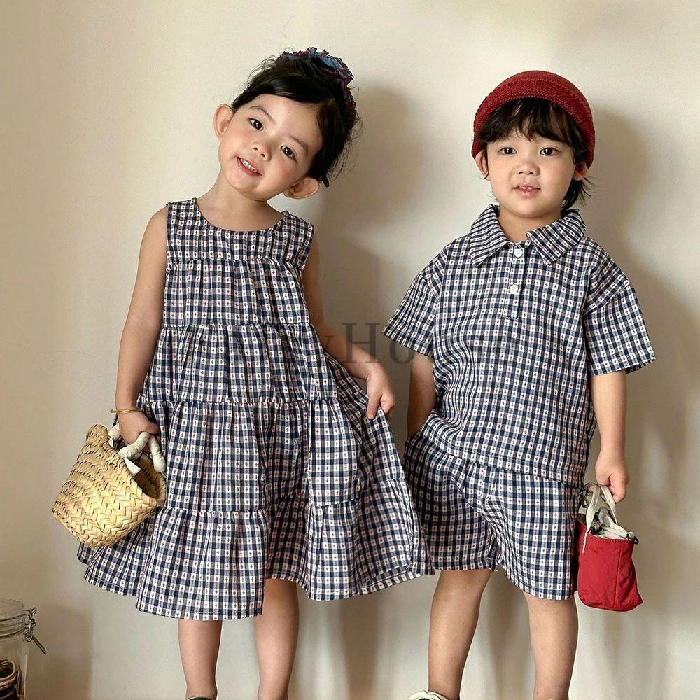 乐天商城 - セットアップ キッズ ワンピース チェック柄 女の子 男の子 子供服 兄妹 上下セット ジュニア ベビー服 シャツ 半袖 ショートパンツ 春 夏 おしゃれ 可愛い トップス ボトムス 赤ちゃん 半ズボン 入学 入園 誕生日 プレゼント 幼稚園 小学生 80 90 100 110 120 130 140 150cm