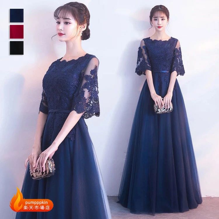 乐天商城 - パーティードレス レディース ワンピース 半袖 エレガント ロングドレス イブニングドレス フレア袖 フォーマルドレス コンサート 演奏会 披露宴 忘年会 二次会 舞台ステージ演出服団体服 ブラック ワインレッド ネイビー XS S M L XL 2XL 3XL