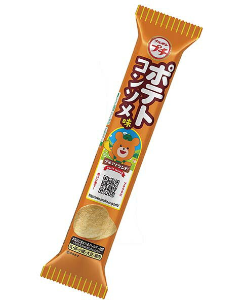 プチポテトコンソメ味 コンソメの風味豊かな味わい パリッとした食感の濃厚なコンソメ味が味わえるひとくちサイズのポテトチップスです。 コンソメスープを生地に練りこむことで、生地から濃厚なコンソメ味に仕上げました。