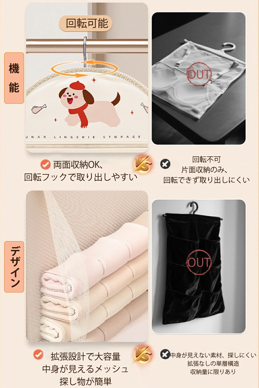 【マラソン300円OFFクーポン＆両面収納!!】TABITORA(タビトラ)ウォールポケット 下着収納 両面 回転可能 吊り下げ 下着 靴下 収納 ポケット 壁掛け収納 壁掛け ファスナー付き ハンガー式 吊り下げ収納 クローゼット収納 水洗い可能 省スペース 大容量 おしゃれ ブラケース 3
