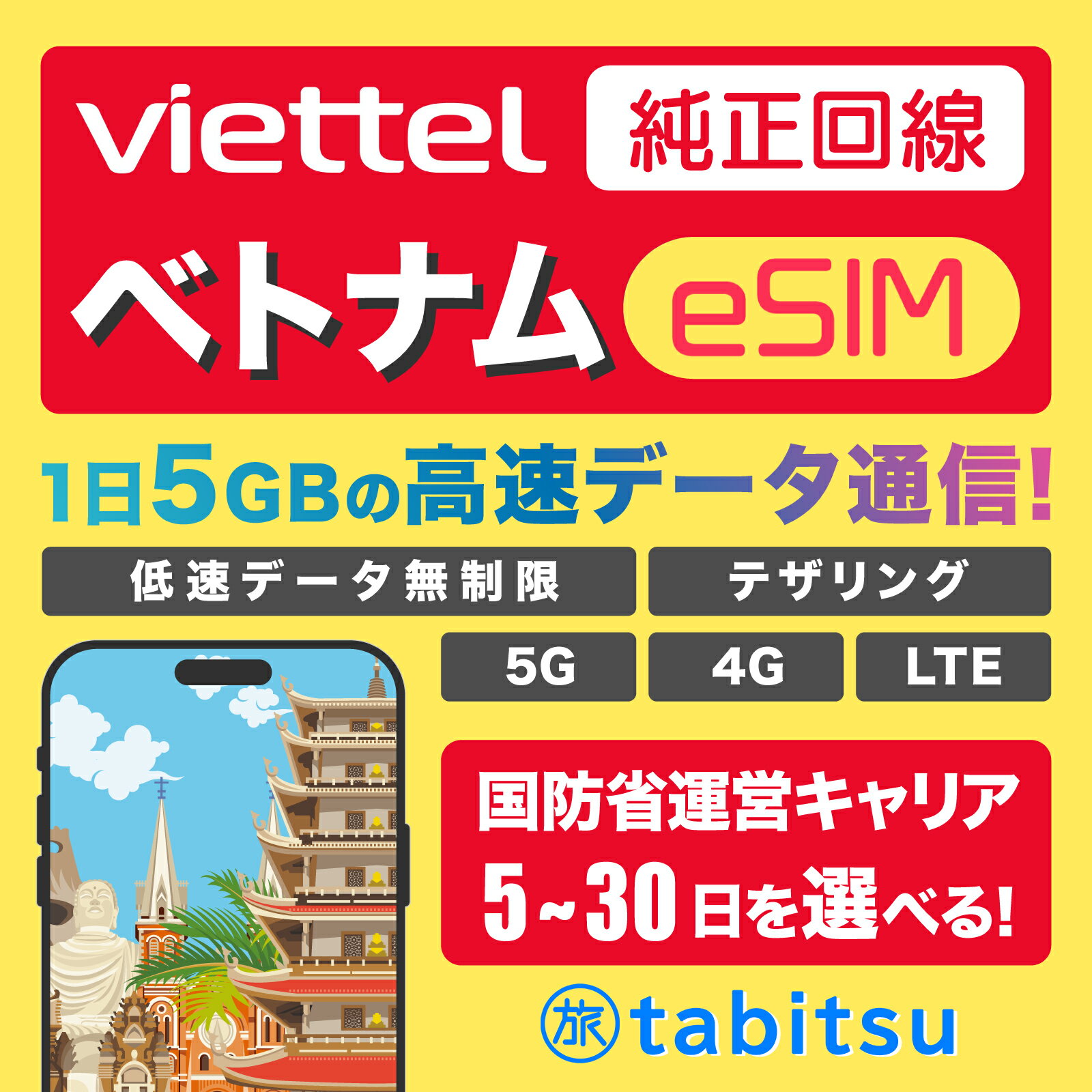 【Viettel純正回線】ベトナム eSIM【5G/4G-LTE高速データ1日5GB / 低速データ無制限】テザリング 【データのみ】 プリペイド SIMカード Vietnam sim ベトナムsim