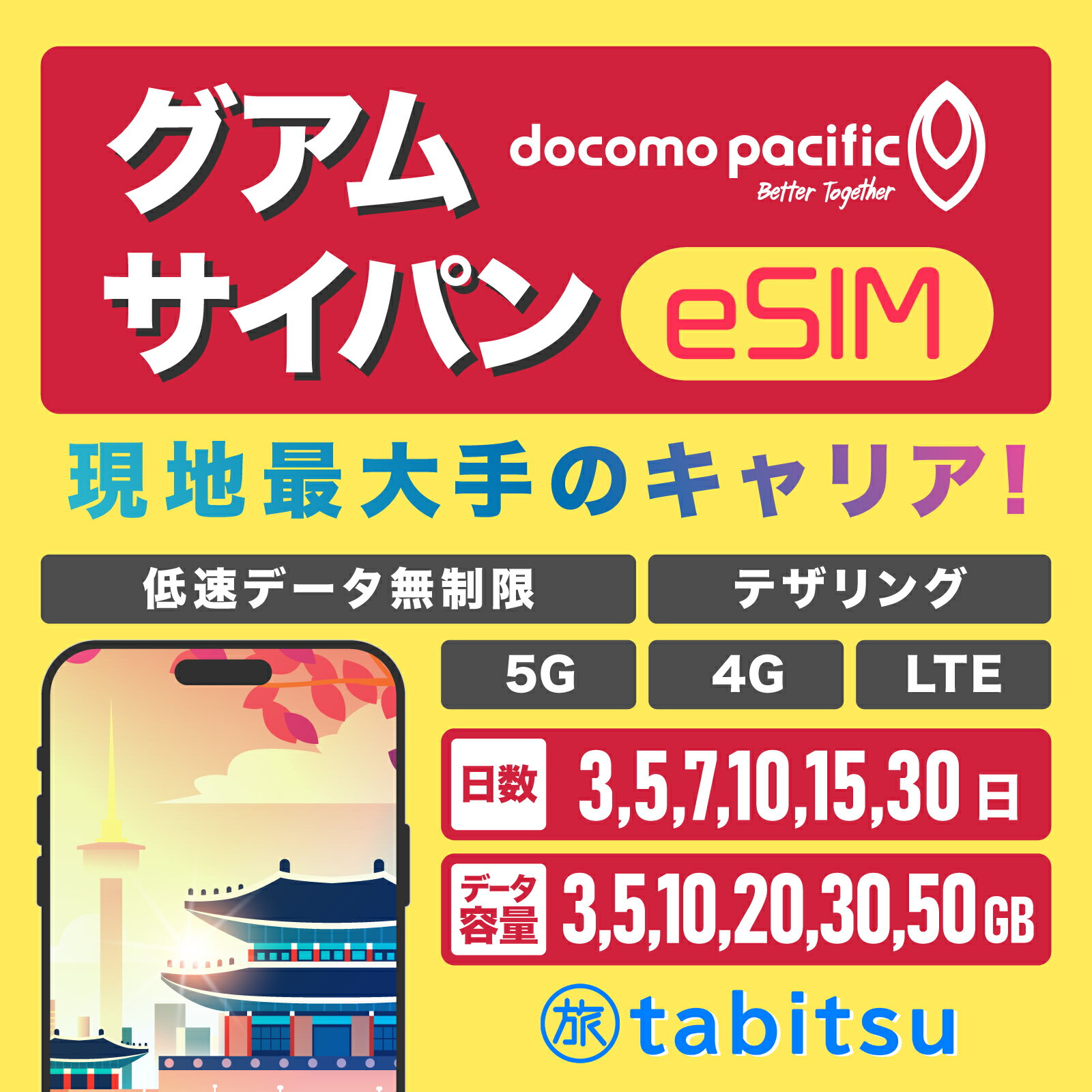 【docomo pacific】グアム サイパン eSIM【3日間3GB～30日間50GBを選べる】 5G/4G-LTE高速データ通信 低速データ無制限 / テザリング プリペイド SIMカード グアムsim サイパンsim テニアン ロタ 即時発行 即日発行