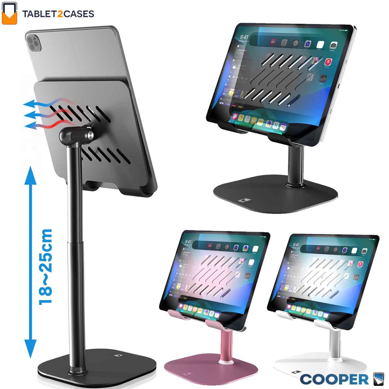 Rakuten - 高さ調節 タブレット スタンド スマホ スタンド 18-25cm COOPER TubHolder 卓上 縦置き iPadスタンド 目線 高さあり タブレット ホルダー 高さ調整 アルミ iPadスタンド テレワーク Zoom会議 動画視聴 iPad モバイルモニタースタンド レジ ディスプレイ ピンク 父の日 安定