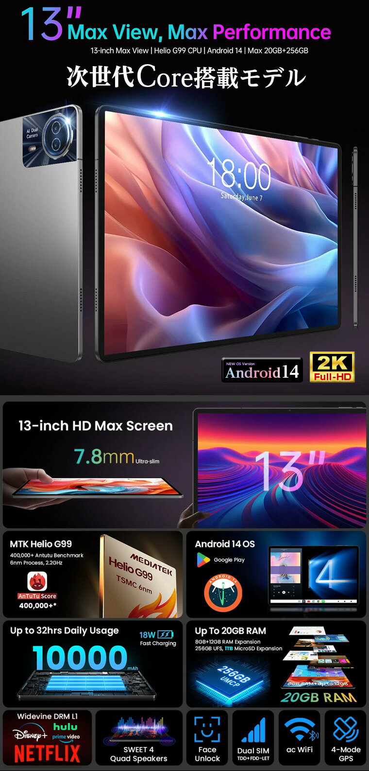 ＼5000円OFFクーポン／【ハイスペック★大画面】Android15 14 タブレット 256GBROM 20GB G99 13インチ 11インチ ゲーム 4GLTE GPS 8コア SIMフリーモデル 10インチ以上 Android14 タブレットPC Android TECLAST T50MAX T65MAX プレゼント 本体 入学 母の日 5/31迄